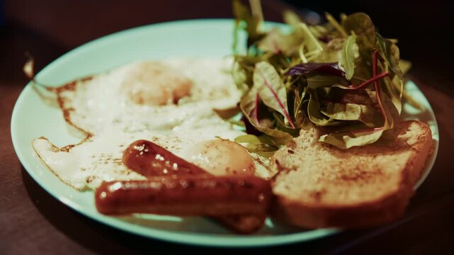 Fried Eggs with Grilled Sausages and Fresh Green Salad. Breakfast with Toast. Ingredients for Balanced Diet