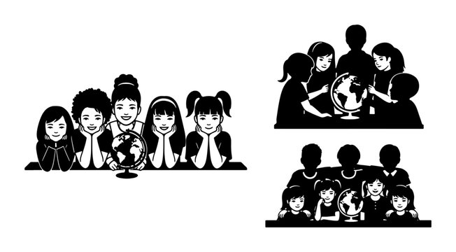 Diverse Children Learning About Global Geography, International Education Concepts, World Map Study Groups, Multicultural Kids Exploring Earth