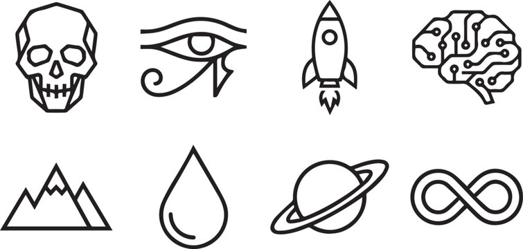 Outline Icon Set Skull Eye Horus Rocket Brain Mountain Water Drop Saturn Planet Infinity Symbol Science Mystic Space Vector Line Collection Isolated Background