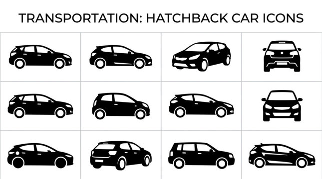 Set of Black Hatchback Car Icons in Various Views.