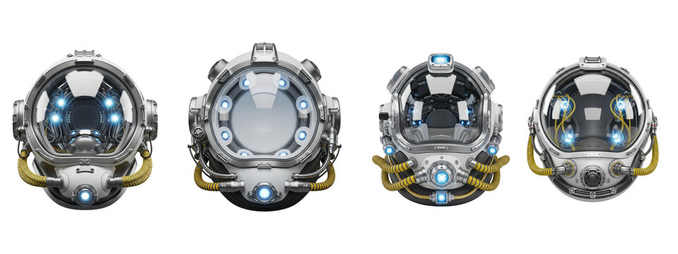 Set of four high-tech futuristic diving helmets isolated on black background