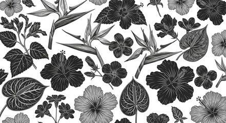 Botanical Illustration of Tropical Flowers and Leaves. © Uid