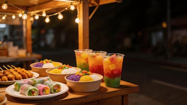 Nighttime food stall with colorful dishes and drinks