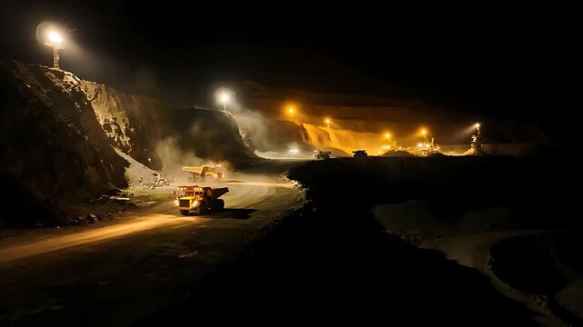 Large haul trucks operating in an open-pit mine at night. Heavy machinery transporting resources in a dusty industrial quarry. Extraction industry concept for mining and energy marketing.