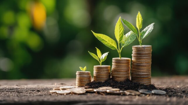 Growing plants on coins financial investment concept