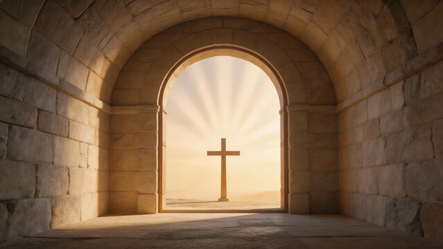 Stone archway with cross in sunlight