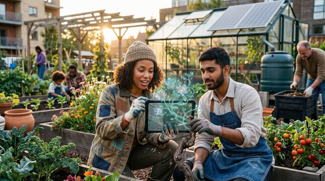 Couple working in a community greenhouse garden using a digital tablet with futuristic glowing augmented reality plant hologram