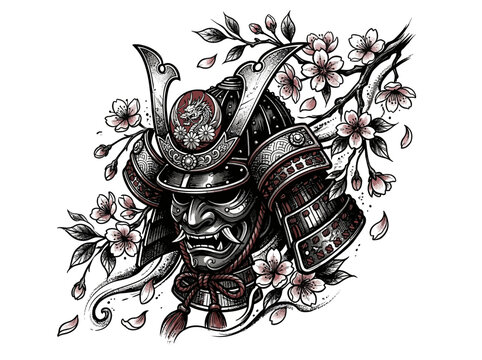 Detailed illustration of a Japanese samurai warrior helmet mask with cherry blossoms.