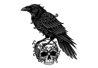 Naklejka premium Intricate black raven perched on a detailed ornate skull.