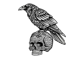 Naklejka premium Intricate Black and White Line Art Illustration of a Raven Perched on a Skull.