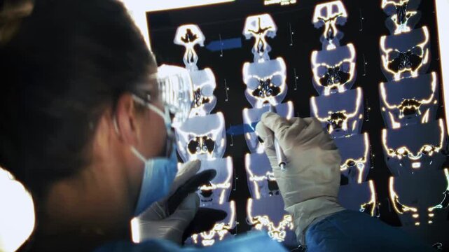 Examining Brain MRI Scan Results on Digital Display. Doctor Analyzing CT Images for Medical Diagnosis