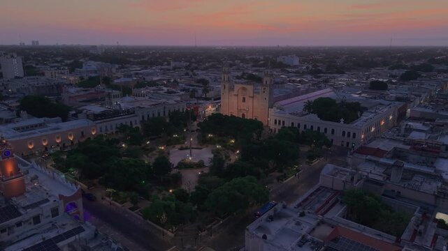 merida Yucatan downtown cathedral during sunrise drone view
