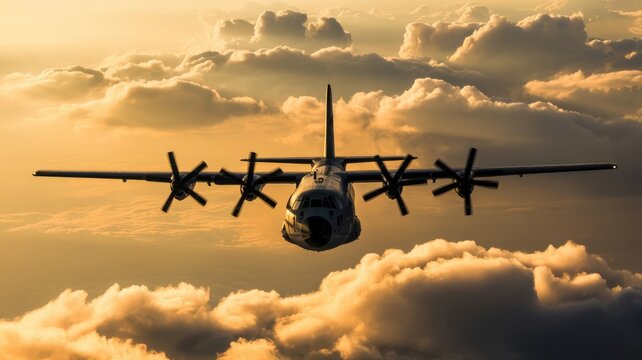 Military cargo plane flying through clouds at sunset