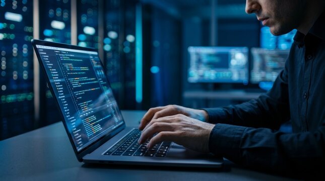 Data science and engineering professional working with algorithms and AI deep learning on a laptop.