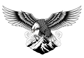 Fototapeta premium Black and white illustration of a majestic eagle flying over a mountain peak.