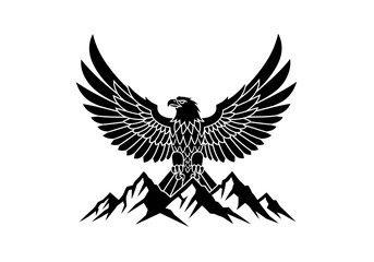 Fototapeta premium Black and white eagle silhouette with wings spread over a mountain range illustration.