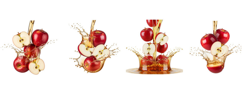Set of fresh red apples falling into apple juice splash on black background