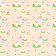 Obraz premium Seamless Pattern Cute Sheep on Cream Background - Kawaii Pastel Animal Design