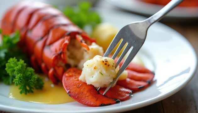 Fork lifts tender piece of grilled lobster tail. Served on white plate with melted butter and fresh green herbs. Delicious seafood meal for fine dining.