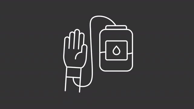 Animated hand with connected blood bag white line icon. Safe transfusion procedure animation. Medical donation process. Chemical therapy. Isolated element on dark background. Alpha transparent video