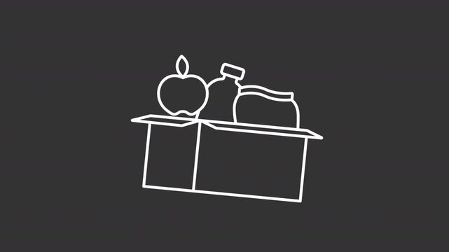 Animated charity box with food products white line icon. Feeding poor people animation. Hunger relief fund. Sharing resources in community. Isolated element on dark background. Alpha transparent video