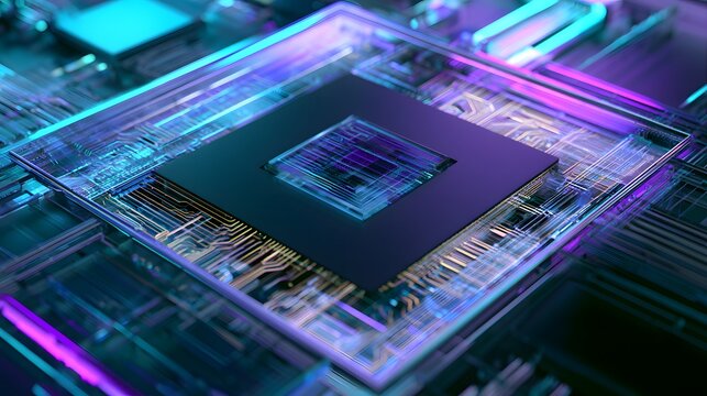 Intricate microchip design reveals futuristic technology within a dark engineered digital landscape