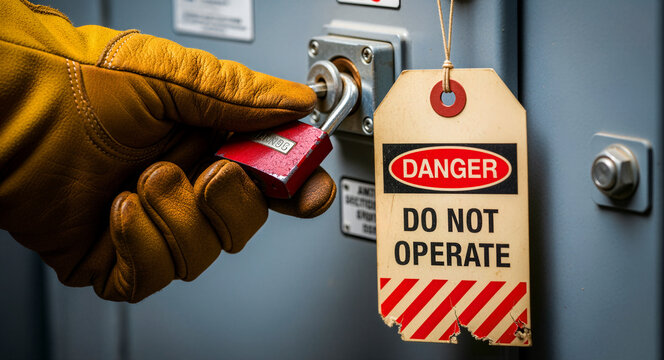 Worker in gloves locking a red padlock on industrial machinery. Lockout tagout safety procedure with a danger do not operate tag. Industrial compliance concept for maintenance and risk management.