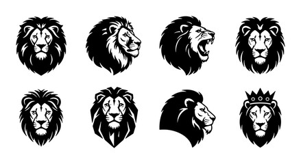 Majestic Lion Head Vector Icons Set, Regal King of the Jungle Illustrations, Powerful Animal Graphics, Fierce Wildlife Portraits, Black and White Emblem Designs © Mehedi