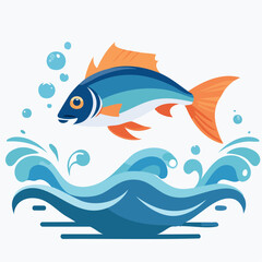 Fototapeta premium Stylized Blue Fish Leaping Out of Water with Bubbles