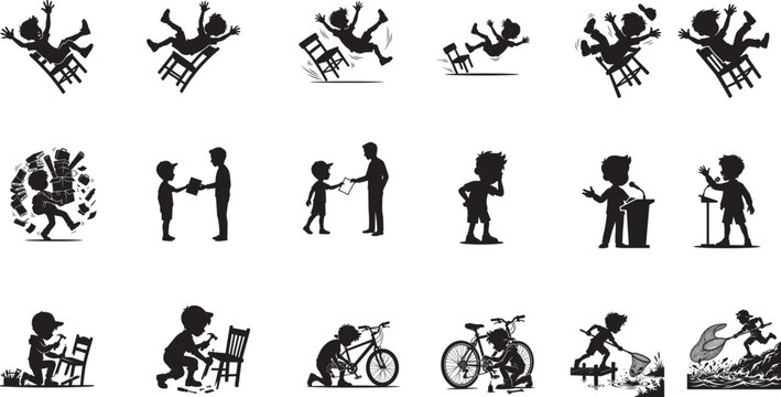 Set of black silhouettes featuring a young boy engaging in various physical activities and daily routines.