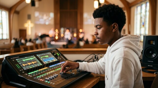 Focused young boy managing audio controls on a mixing console at a worship service.