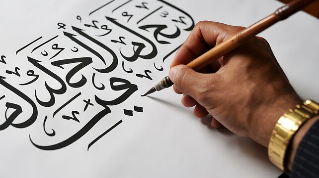 Close-up of a person's hand practicing Arabic calligraphy with a brush on paper