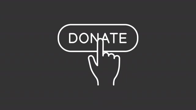 Animated hand clicking donate button white line icon. App for online charity animation. Digital fund to support people in need. Isolated element on dark background. Alpha transparent video
