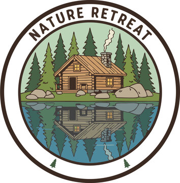Nature Retreat Cabin Logo with Pine Forest, Lake Reflection, and Rustic Mountain Landscape