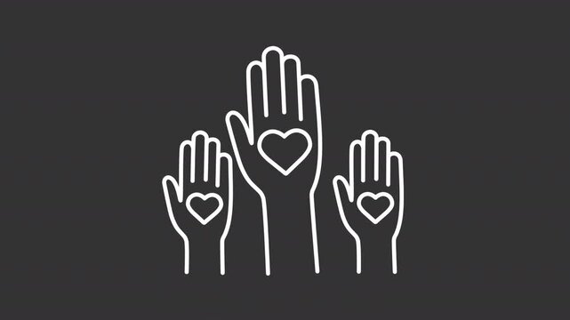 Animated hands holding hearts white line icon. Volunteerism movement animation. Social support community. Activists group engagement. Isolated element on dark background. Alpha transparent video