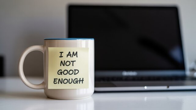 Imposter Syndrome Concept with I Am Not Good Enough Note on Coffee Mug