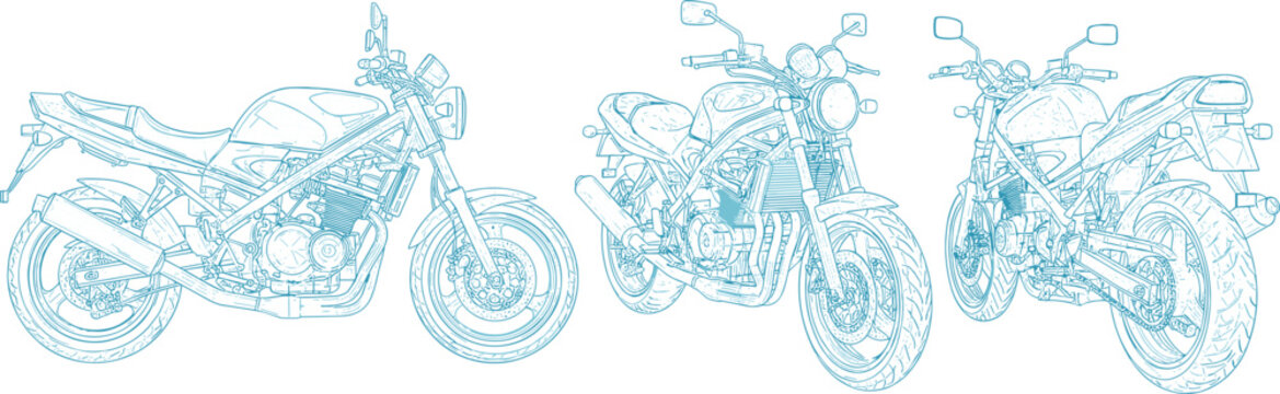 Technical Motorcycle Vector Set with Side, Front, and Rear Views in Detailed Line Art for Automotive, Engineering, and Mechanical Design Projects