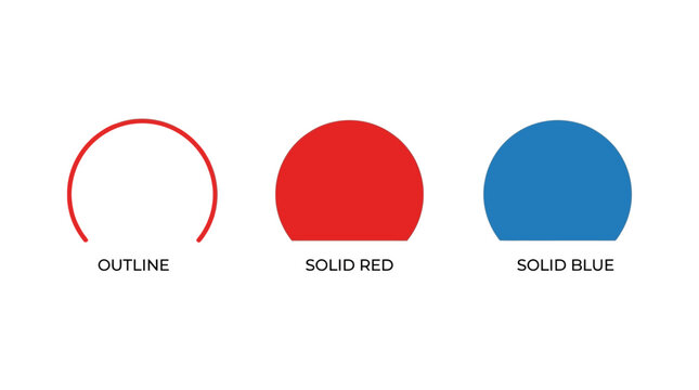 Minimalist semicircle comparison showing outline, solid red, and solid blue variations, emphasizing geometric clarity, color contrast, and design versatility.
