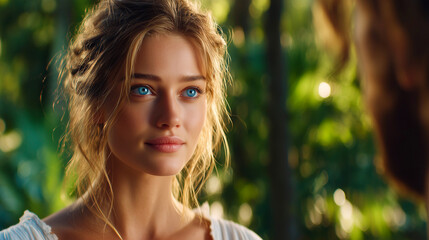 Fototapeta premium Captivating Portrait of a Woman with Striking Blue Eyes, Bathed in Golden Sunlight