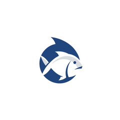 Obraz premium Minimalist fish logo design, blue and white, circular emblem