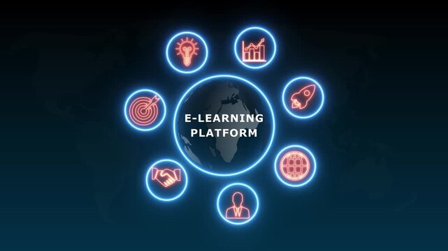 shows glowing neon line banner of E-LEARNING PLATFORM concept with icons of business, responsibility, customers, integrity, goals, teamwork, commitment and innovation .4k video animation