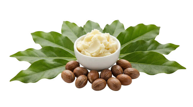 Shea butter in a white bowl with nuts and green leaves isolated on transparent background