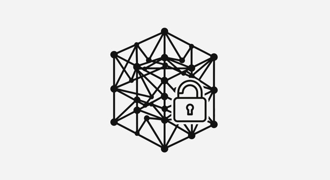 Abstract 3D cube network with unlocked padlock icon, data security concept