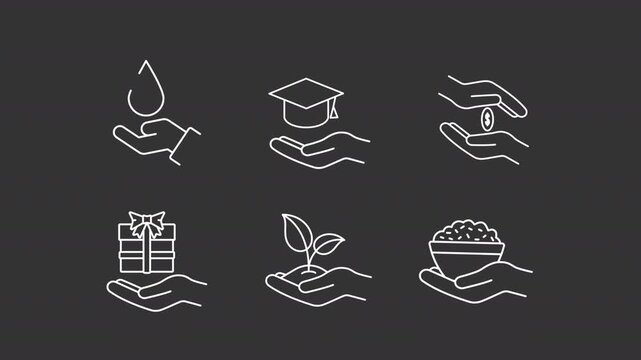 Animated donation types white line icons. Sharing resources and supplies animation set. Smart consumption of supplies. Volunteering. Isolated elements on dark background. Alpha channel HD video