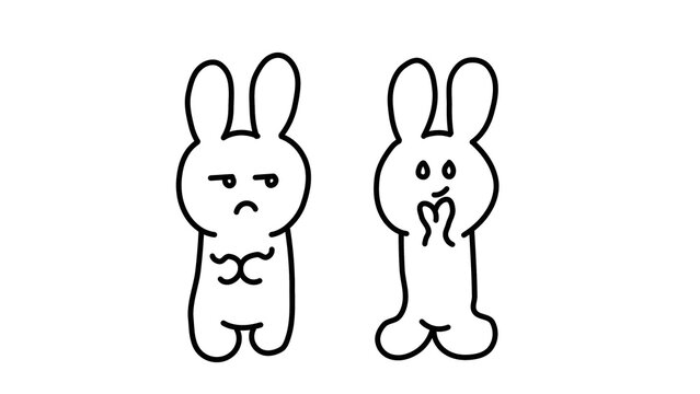 Two cute hand-drawn bunny characters with grumpy and excited expressions. Simple black and white rabbit line art illustration for stickers or icons.