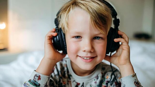 Joyful young boy with blonde hair and blue eyes wearing large headphones indoors, smiling while listening to music in cozy home setting with playful audio enjoyment