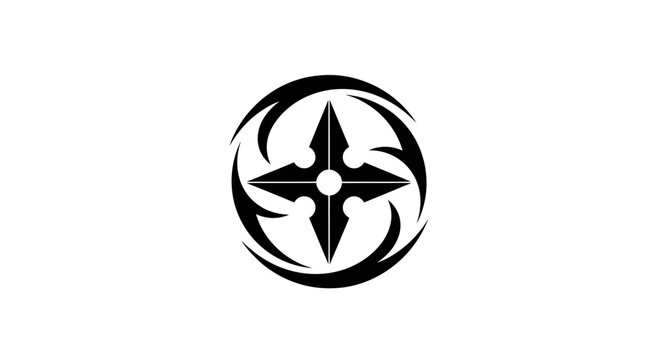 Black ninja star emblem with swirling design on white background