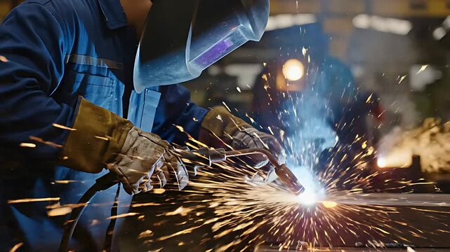 Industrial welder performing metal fabrication with bright sparks in a workshop. Skilled worker wearing a protective mask and heavy-duty gloves. Metalwork engineering and manual labor concept.