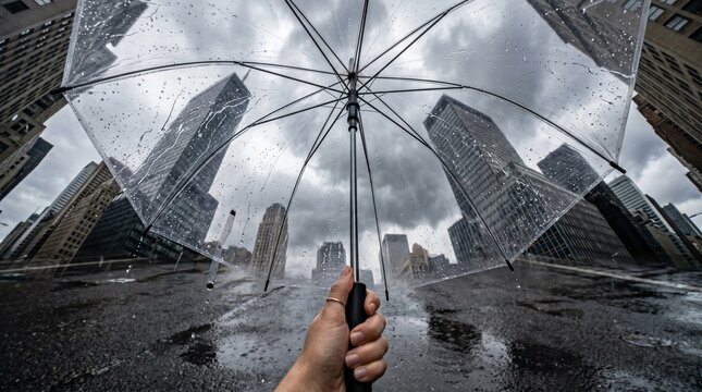 Person holding clear umbrella in city rain