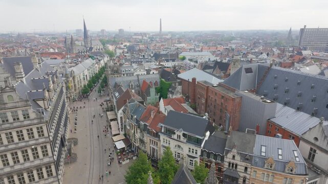 Ghent Skyline Panorama from Belfry Tower with Medieval Rooftops, Belgium